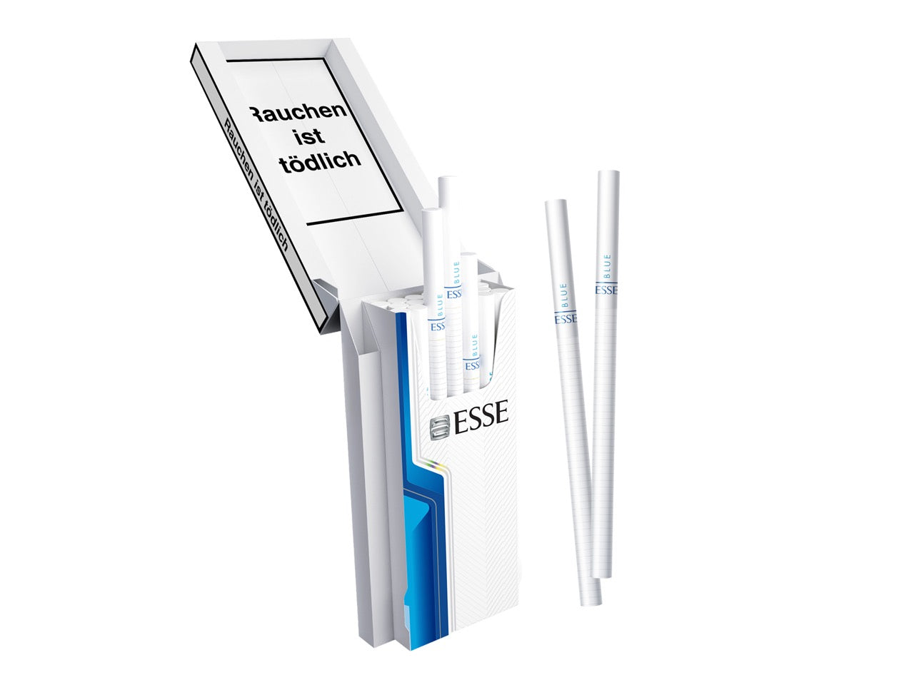 Geöffnete Esse Blue Slim Zigaretten 20er Packung, einzelne Superslim Zigarette daneben, modernes Design, blau