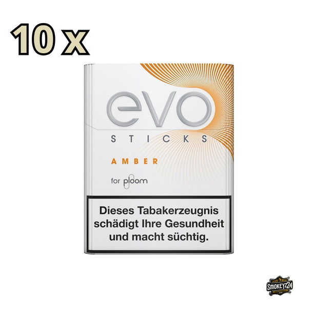 EVO Amber Stange, 10 Packungen Tabaksticks frontal mit Hinweis auf 200 Sticks