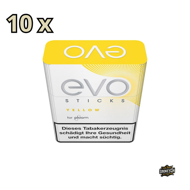 EVO Yellow Einzelpackung, leicht von oben fotografiert, Hinweis auf 10 Tabaksticks.