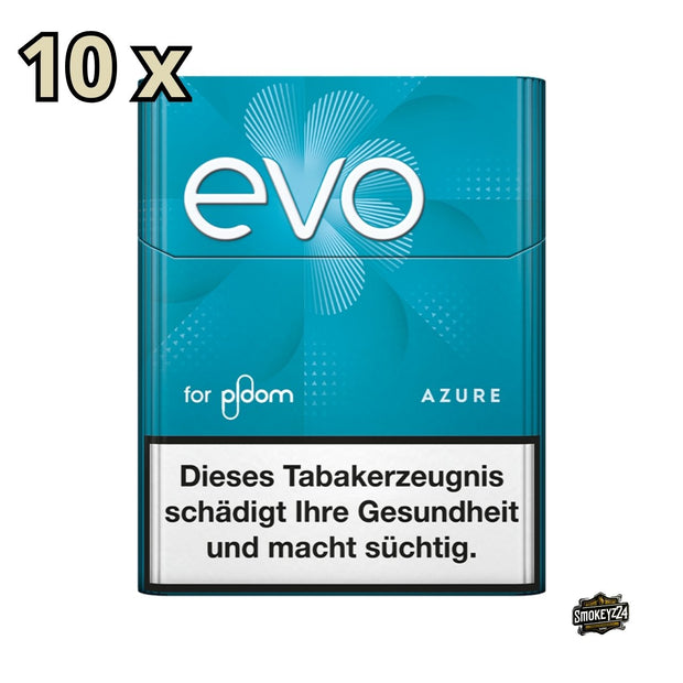 EVO Azure, frontal fotografiert, mit 10 Packungen und Hinweis auf 10 Stück.