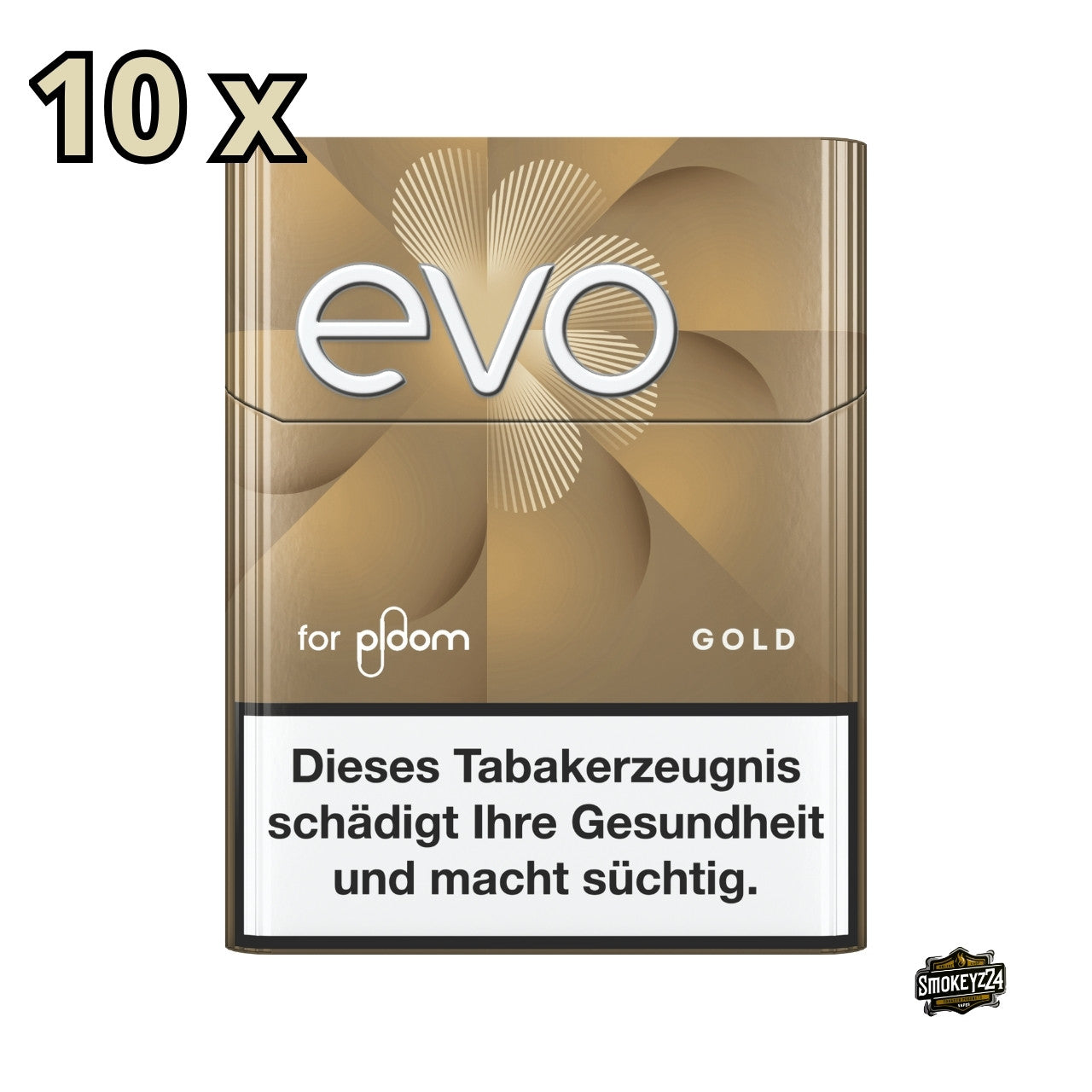 EVO Gold, frontal fotografiert, zeigt Packungen Tabaksticks mit Hinweis auf 10 Packungen.