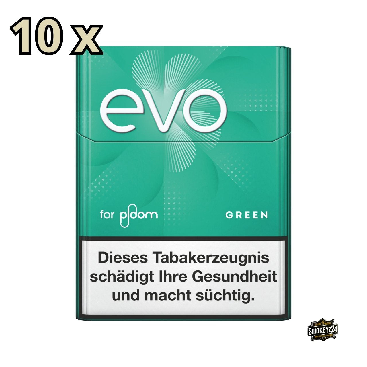 EVO Green, frontal fotografiert, zeigt 10 Packungen Tabaksticks mit Hinweis auf 10 Stück