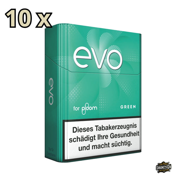 EVO Green Einzelpackung, leicht von links fotografiert, mit Hinweis auf 10 Stück