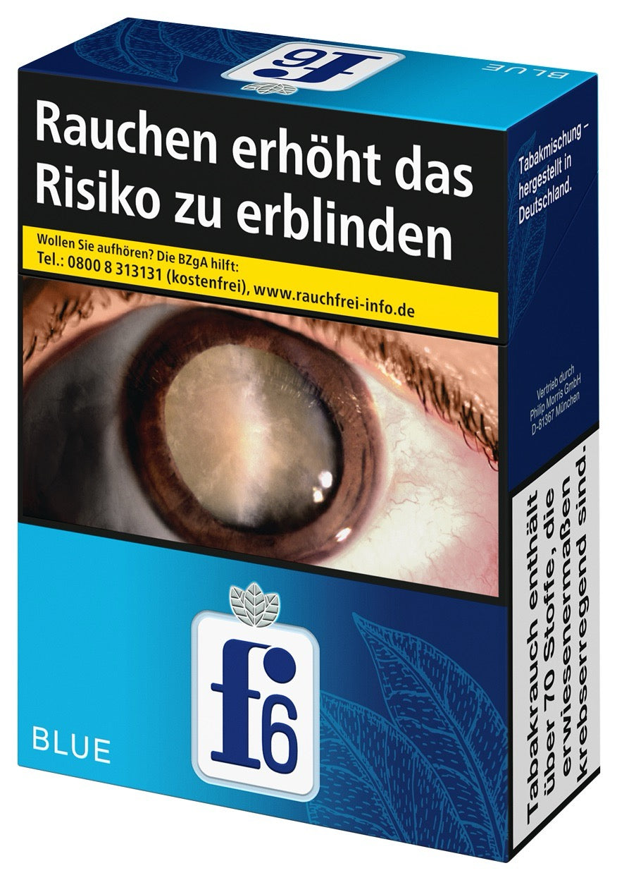 f6 Blue Zigaretten – einzelne Packung leicht seitlich gedreht