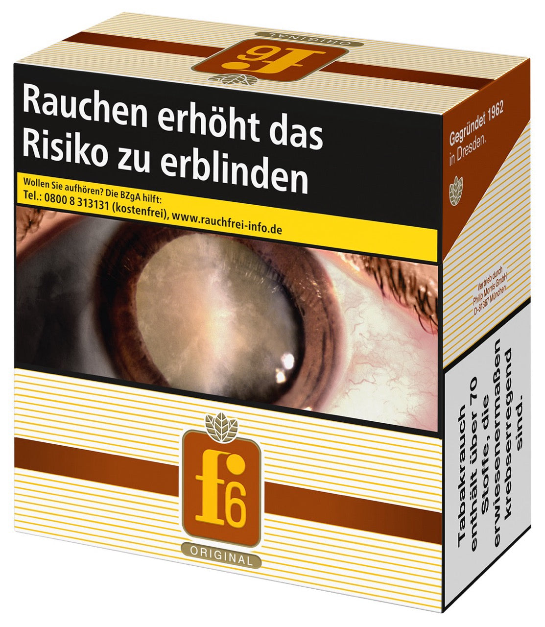 f6 Original Zigaretten – Einzelpackung leicht seitlich fotografiert