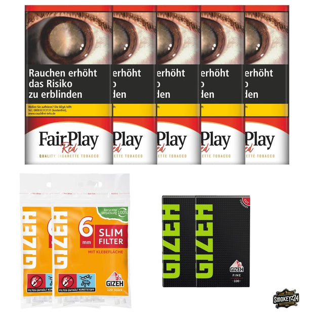 Fair Play Red 5x Pouch Bundle mit GIZEH Black Fine Blättchen und Slim Filtern