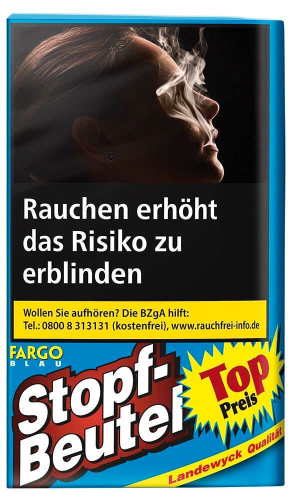 Fargo Stopfbeutel Blau 30g – Frontansicht der milden American Blend Feinschnitt-Packung
