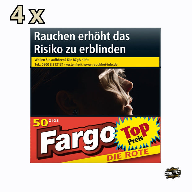 Fargo die Rote 50er-Schachtel frontal mit Hinweis x4 – Stange 4×50 (200 Zigaretten), Full-Flavor American Blend, King Size.