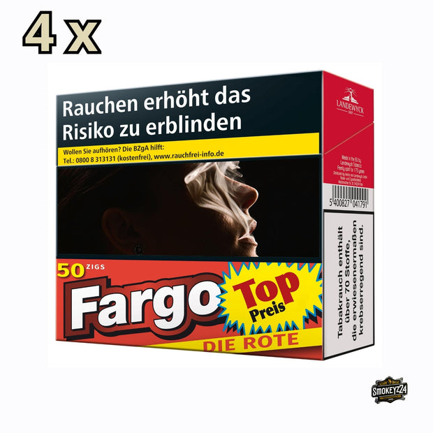 Fargo die Rote 50er-Schachtel seitlich – 4×50 Stange (200 Zigaretten), kräftiger Full-Flavor American Blend.