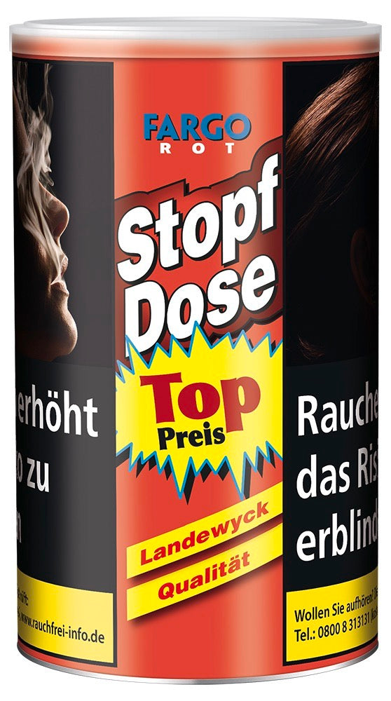 Fargo Stopfdose Rot 122g – Frontansicht der klassischen roten Feinschnittdose mit kräftigem American Blend Tabak