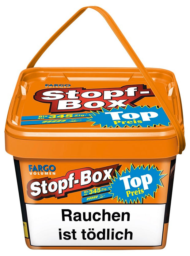 Fargo Volumen Stopfbox 150g – Seitenansicht der praktischen eckigen Box mit wiederverschließbarem Deckel