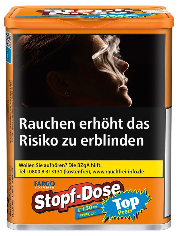 Fargo Volumen Stopfdose M 58g – Frontansicht der kompakten Dose mit kräftigem Volumen-Tabak für Stopfmaschinen