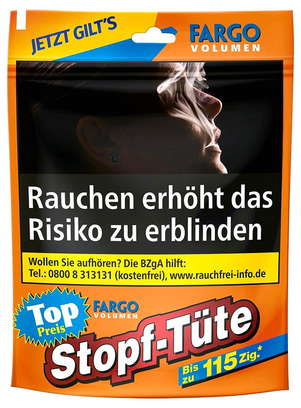 Fargo Volumen Stopftabak 52g – Frontansicht der praktischen Zip-Tüte mit kräftigem American Blend für selbstgestopfte Zigaretten