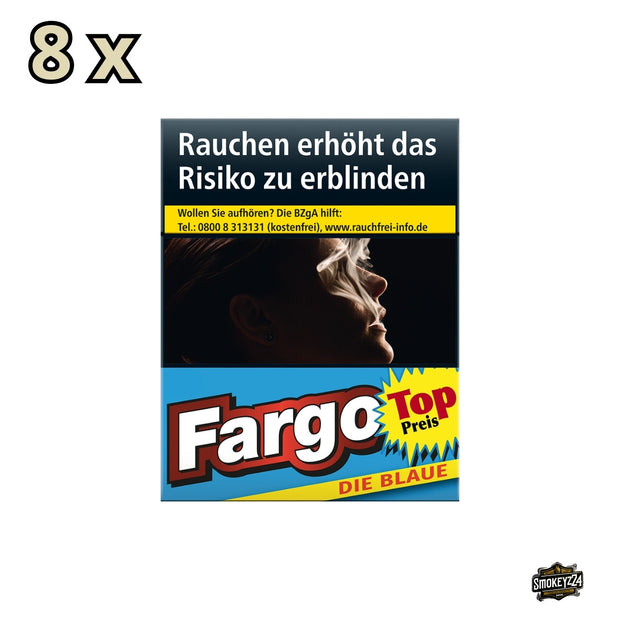 Fargo die Blaue Zigaretten 8x25 – Frontalansicht der milden King Size Filterzigaretten im blauen Design