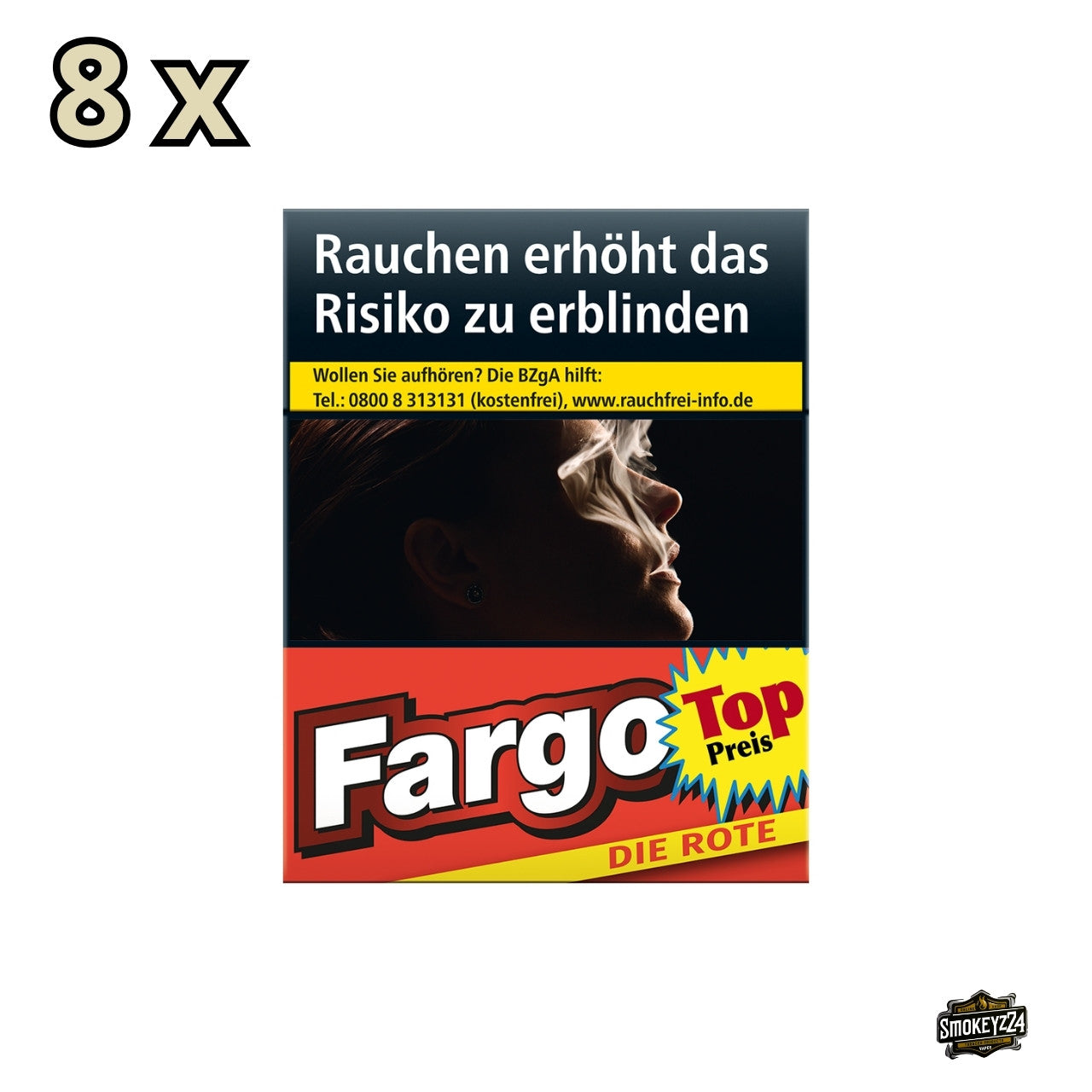 Fargo die Rote Zigaretten 8x25 – Frontalansicht der kräftigen King Size Zigaretten im roten Design