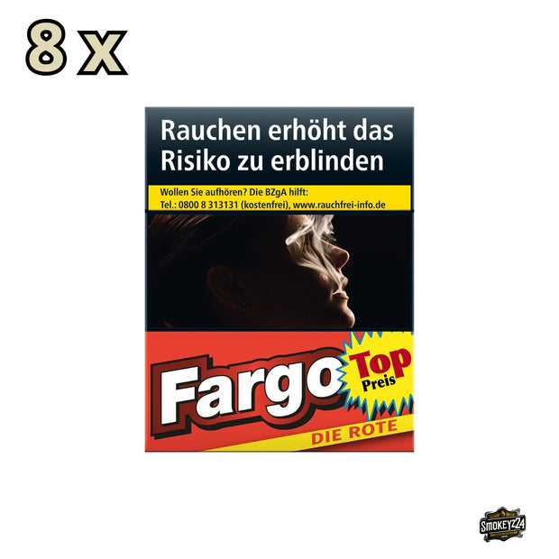 Fargo die Rote Zigaretten 8x25 – Frontalansicht der kräftigen King Size Zigaretten im roten Design