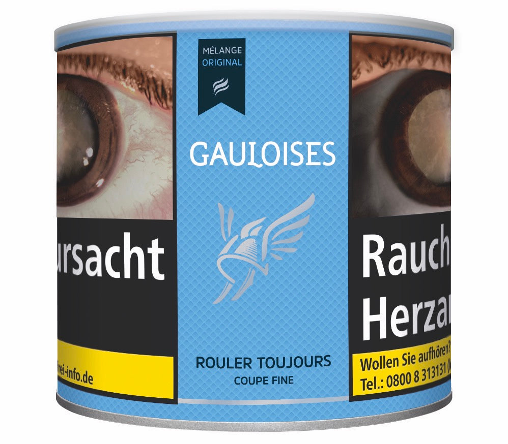 Gauloises Mélange Original Drehtabak 90g Dose mit blau-goldenem Design stehend auf weißem Hintergrund