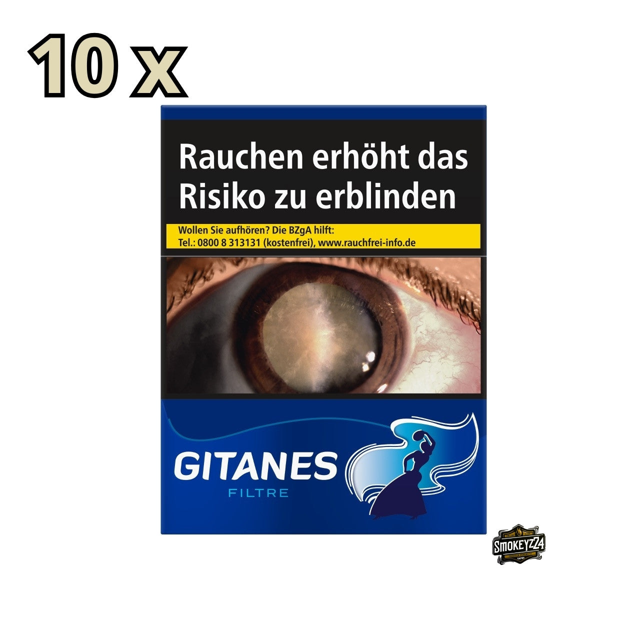 Gitanes Zigaretten Verpackung mit Filter, dunkelblaues Design mit tanzender Frau, französischer Schriftzug, klassische 20er Packung