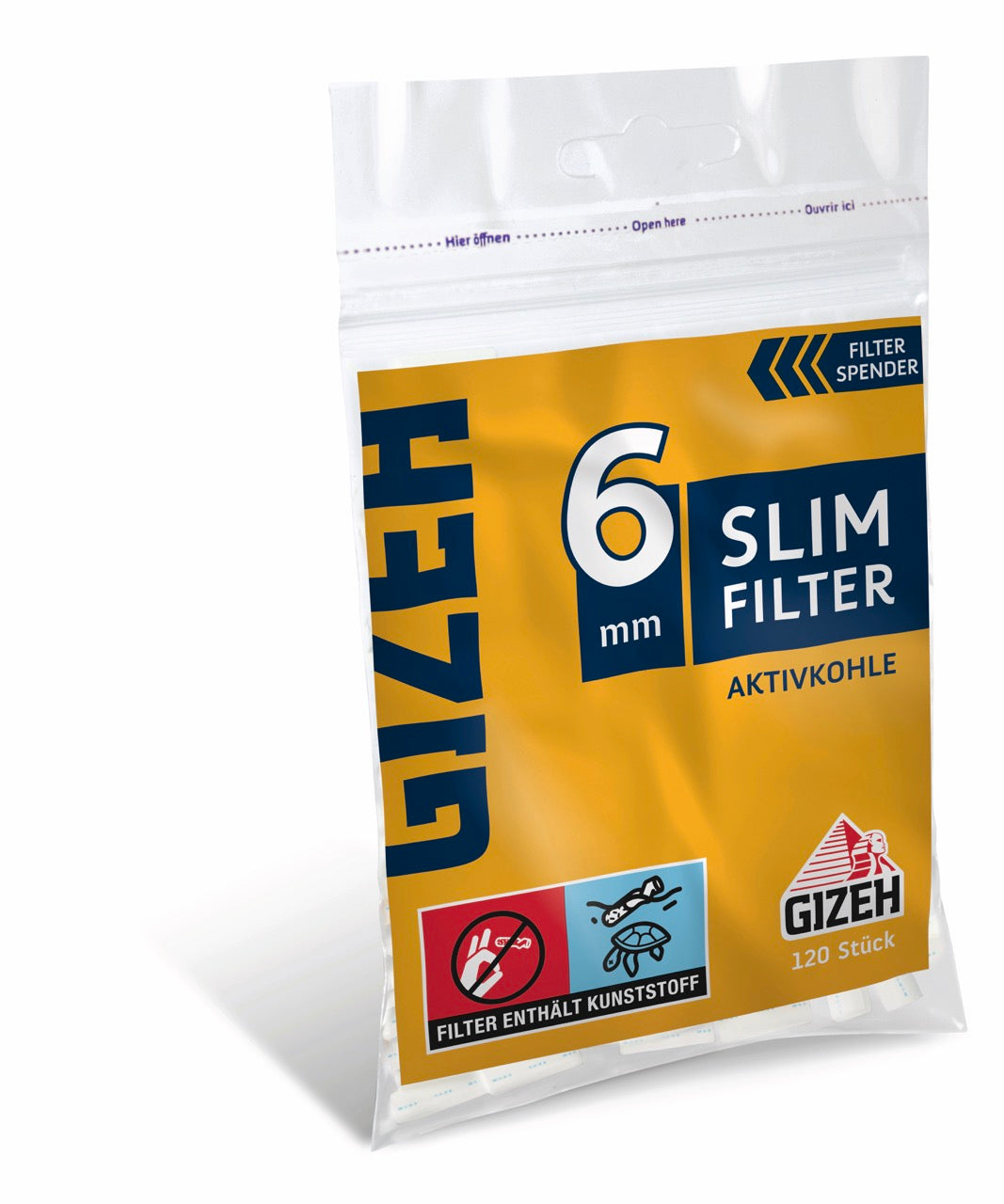 GIZEH Aktivkohle Slim Filter 6mm 120er Beutel seitlich fotografiert