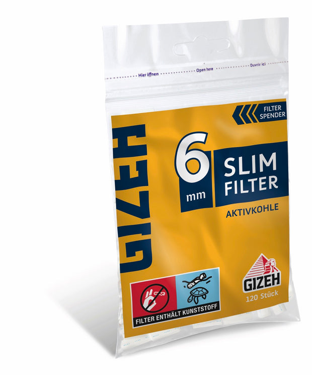 GIZEH Aktivkohle Slim Filter 6mm 120er Beutel seitlich fotografiert