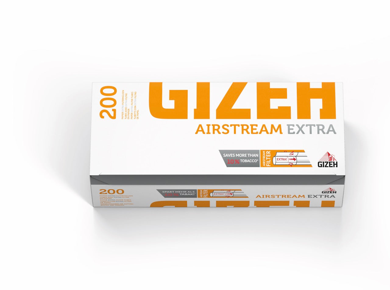 Gizeh Airstream Extra Hülsen – Packung mit 200 Filterhülsen in Orange-Weiß, frontal dargestellt