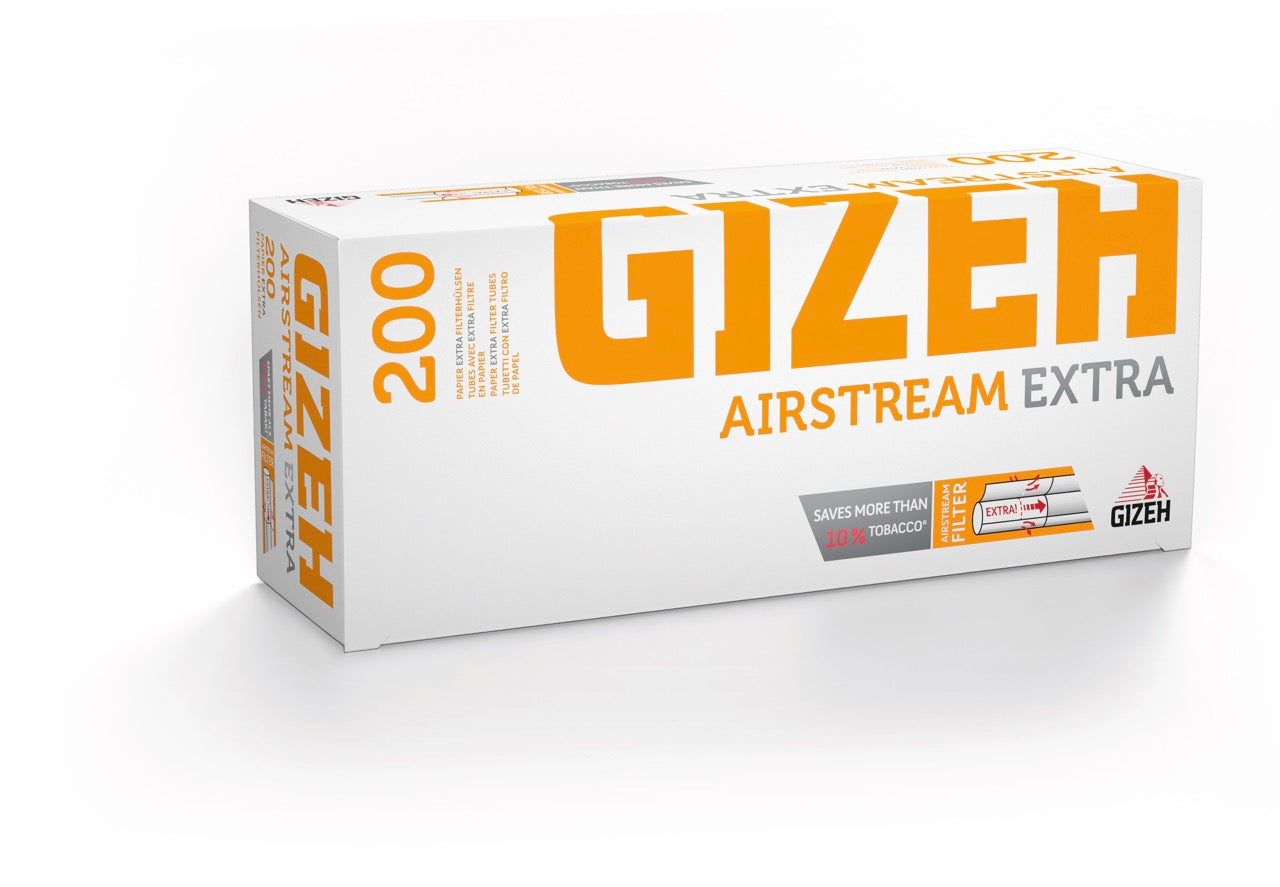 Gizeh Airstream Extra Hülsen – leicht seitlich fotografierte Packung mit Airstream Hinweis und Gizeh Logo