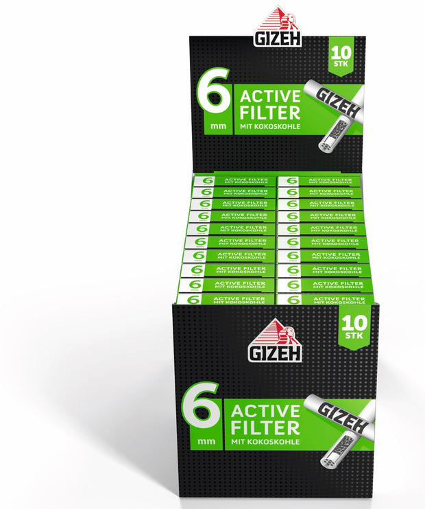 Karton mit 20 x 10er GIZEH Black Active Filter Packungen frontal fotografiert
