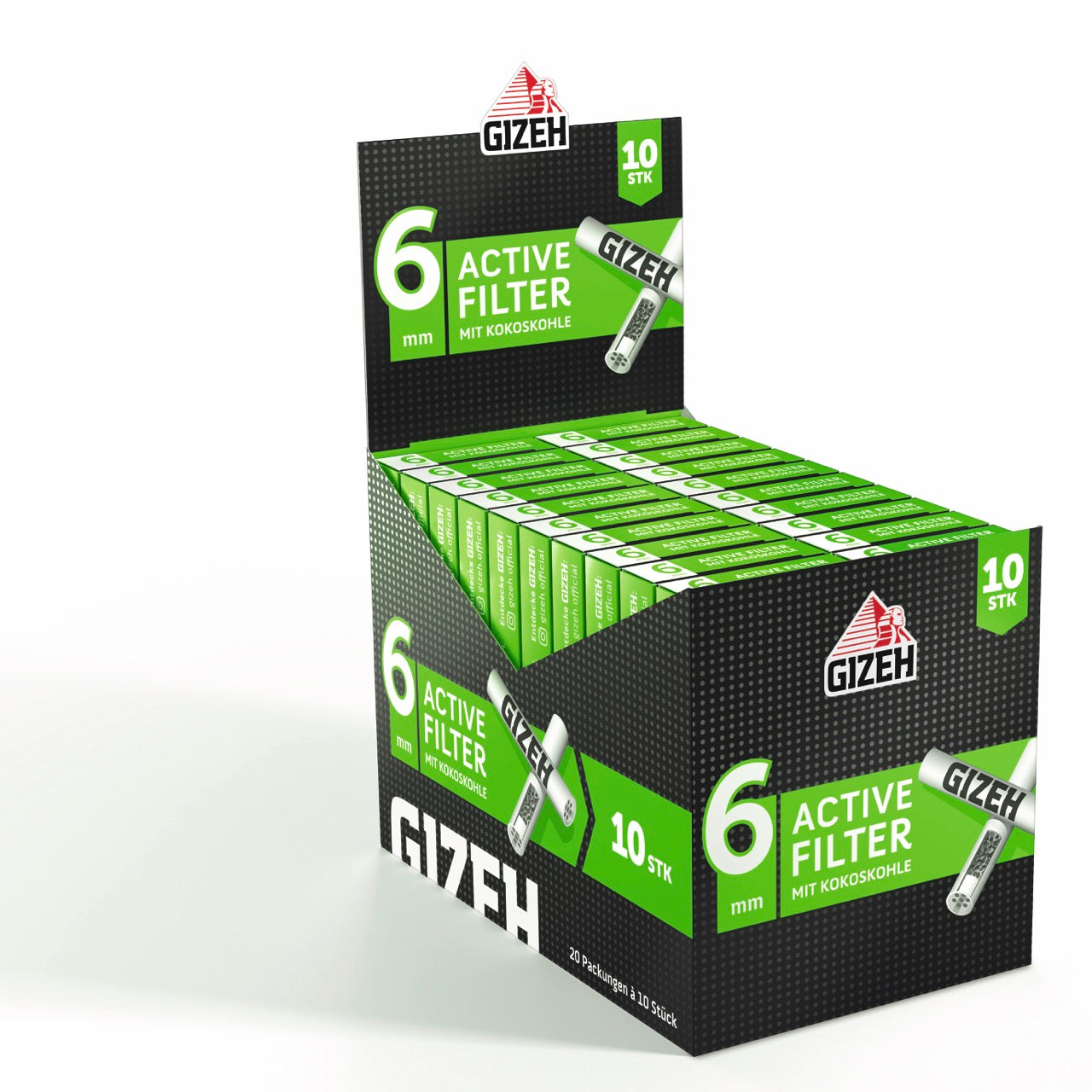 Karton mit 20 x 10er GIZEH Black Active Filter Packungen seitlich aufgenommen