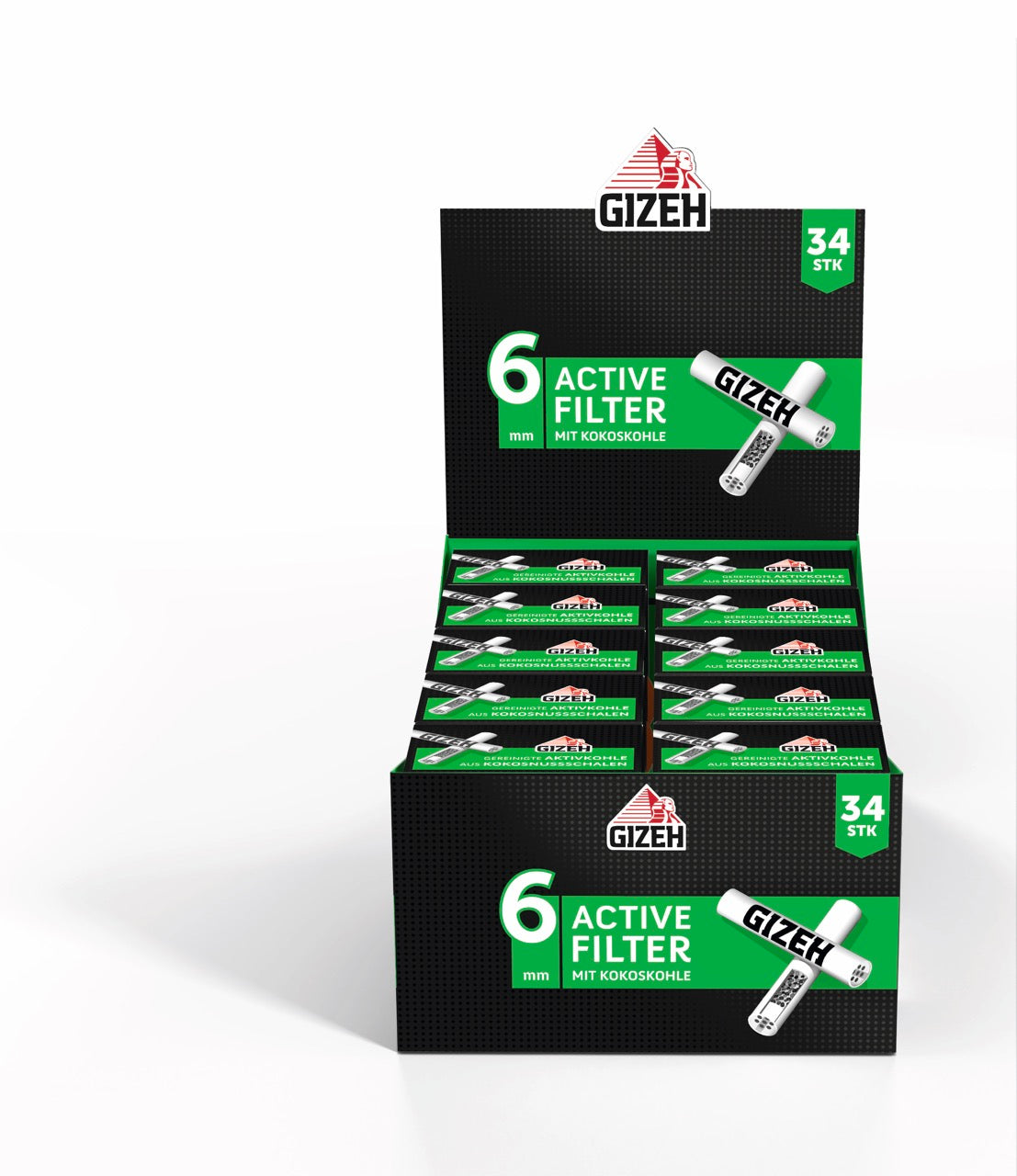 Karton mit 10 x 34er GIZEH Black Active Filter Packungen, frontal