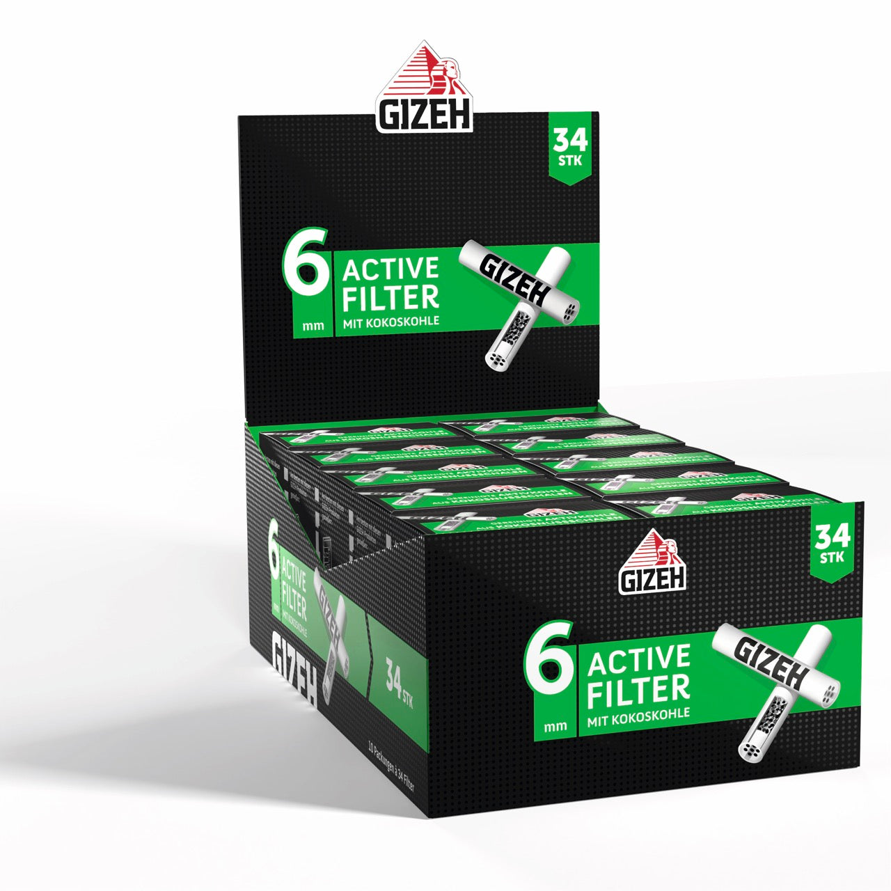 Karton mit 10 GIZEH Black Active Filter 34er Packungen, geöffnet und Inhalt sichtbar seitlich
