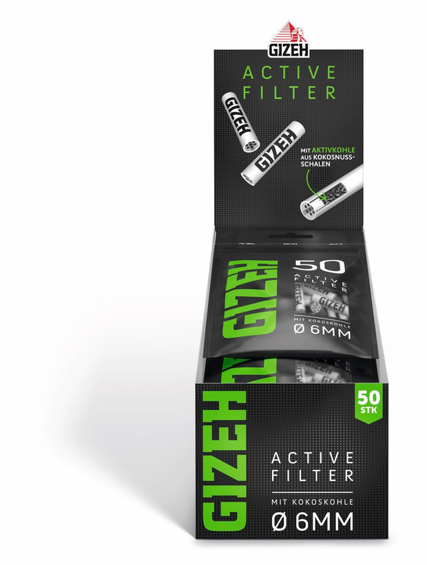 Karton mit 10 x 50er GIZEH Black Active Filter Beuteln frontal fotografiert
