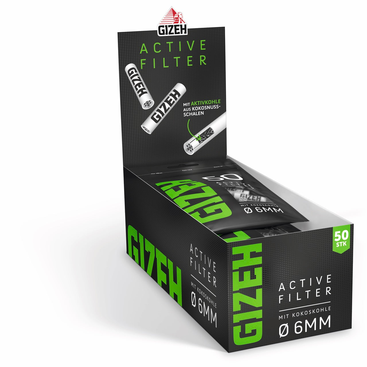 Karton mit 10 x 50er GIZEH Black Active Filter Beuteln seitlich aufgenommen