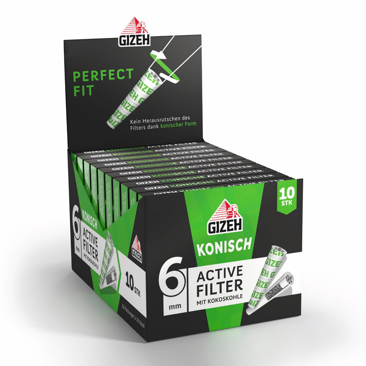 Karton mit 20 x 10er GIZEH Konische Active Filter Packungen seitlich aufgenommen