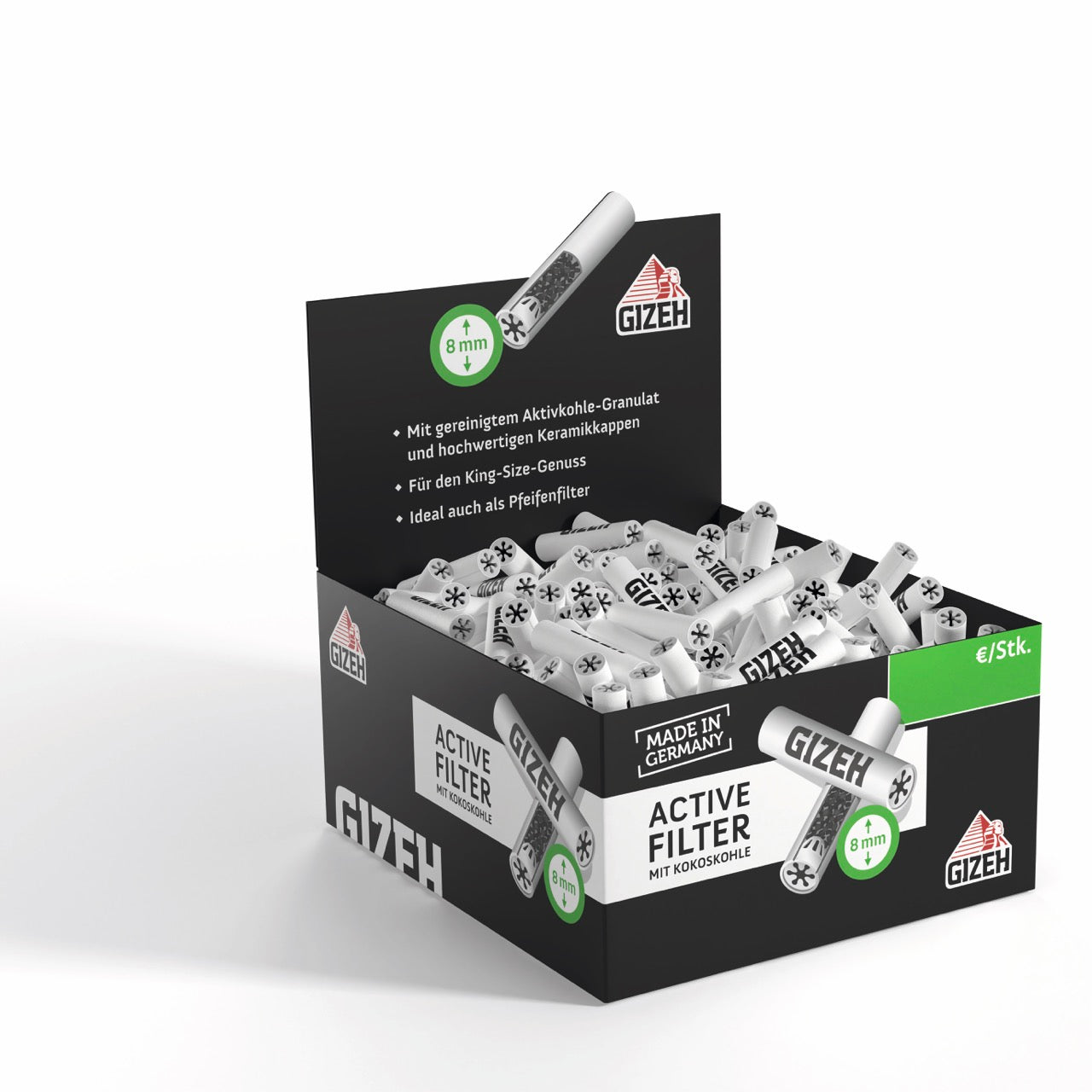 GIZEH Black Active Filter 8mm 200er Greifbox offen, seitlich aufgenommen