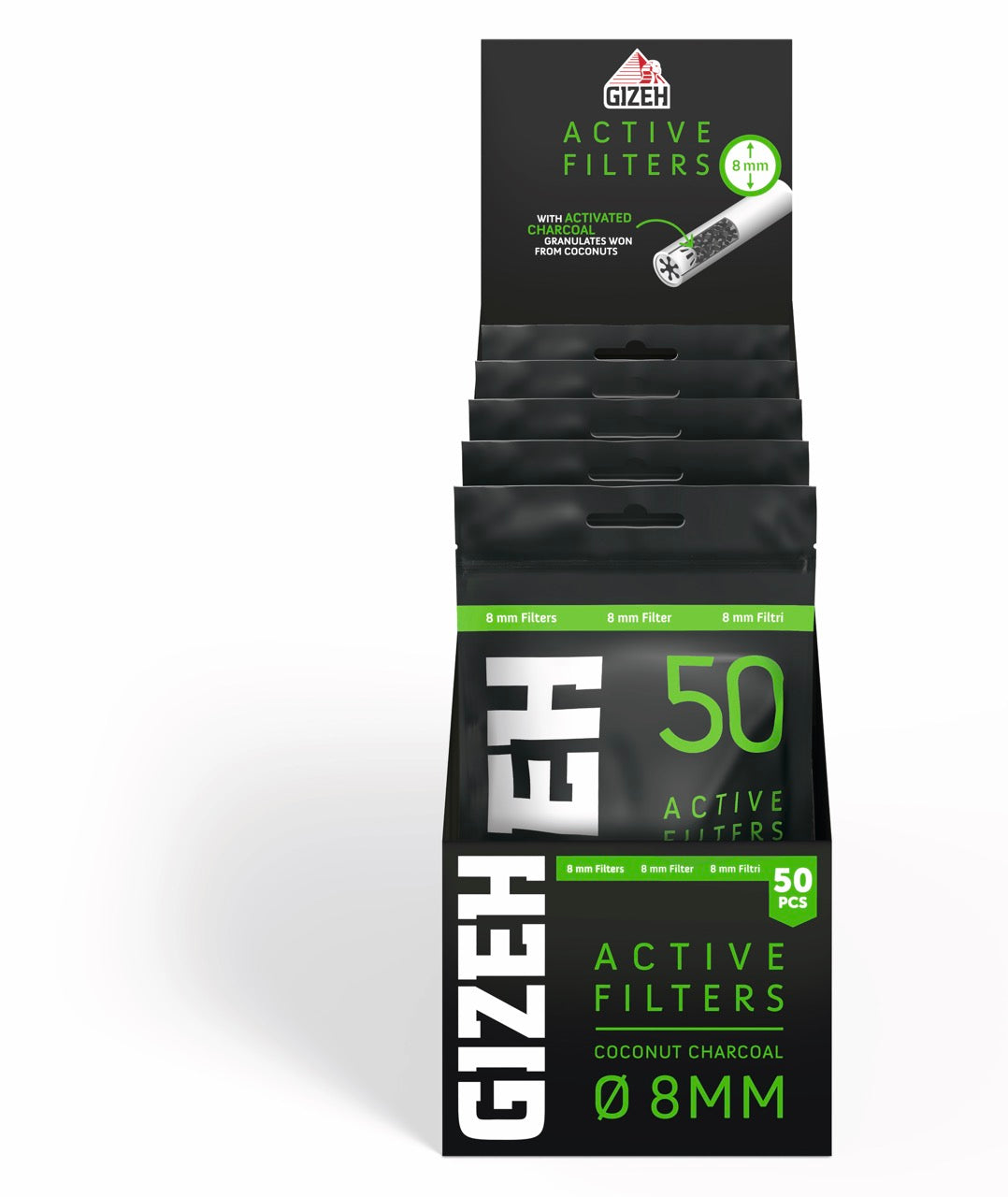 Karton mit 5 x 50er GIZEH Black Active Filter 8mm Beuteln frontal fotografiert