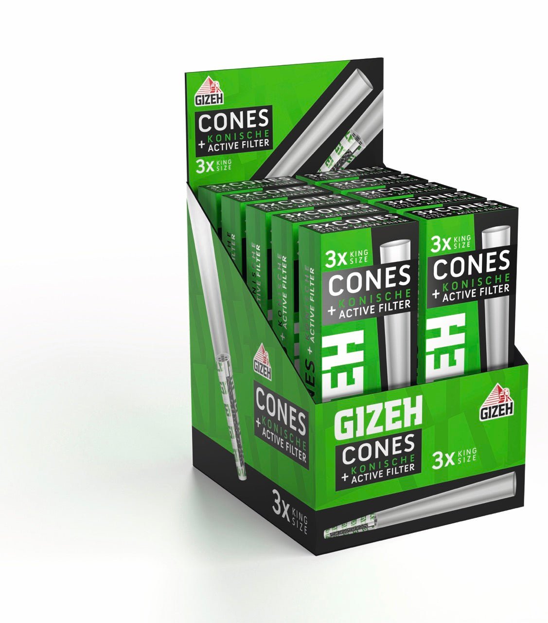 GIZEH Black Cones + Active Filter King Size 10x3er Karton, Vorratspaket, seitlich fotografiert