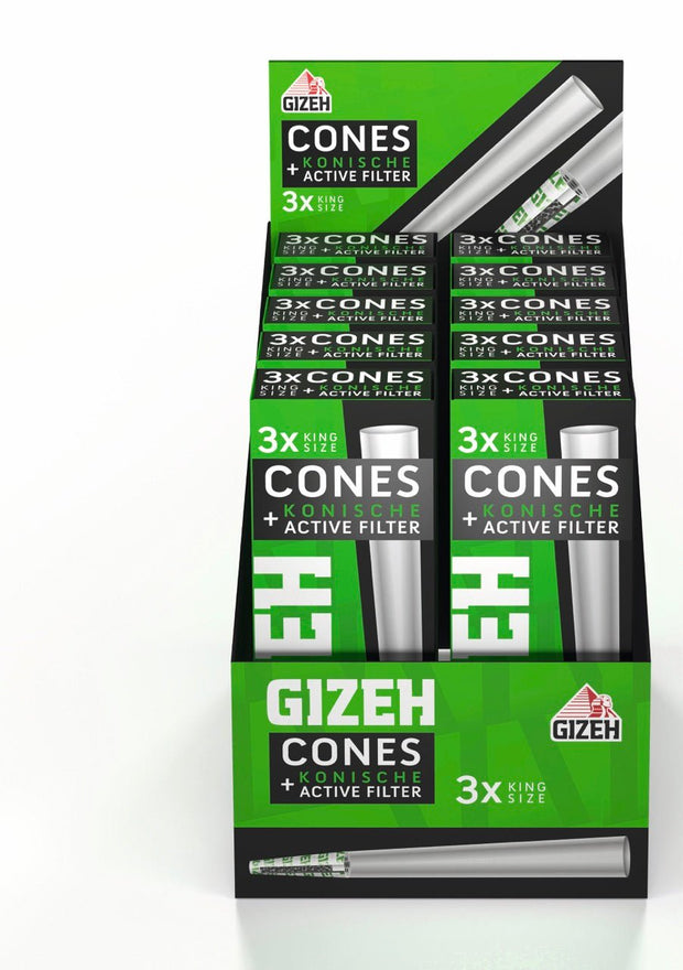 Karton mit 10 Packungen GIZEH Black Cones + Active Filter King Size, Sparpaket, frontal fotografiert