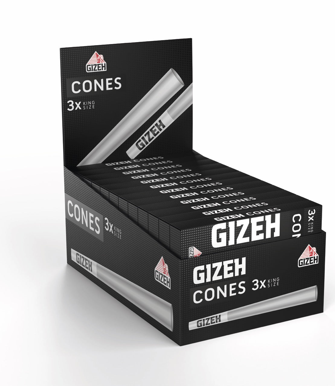 GIZEH Black Cones + Tip King Size 24x3er Karton, Vorratspaket, seitlich fotografiert