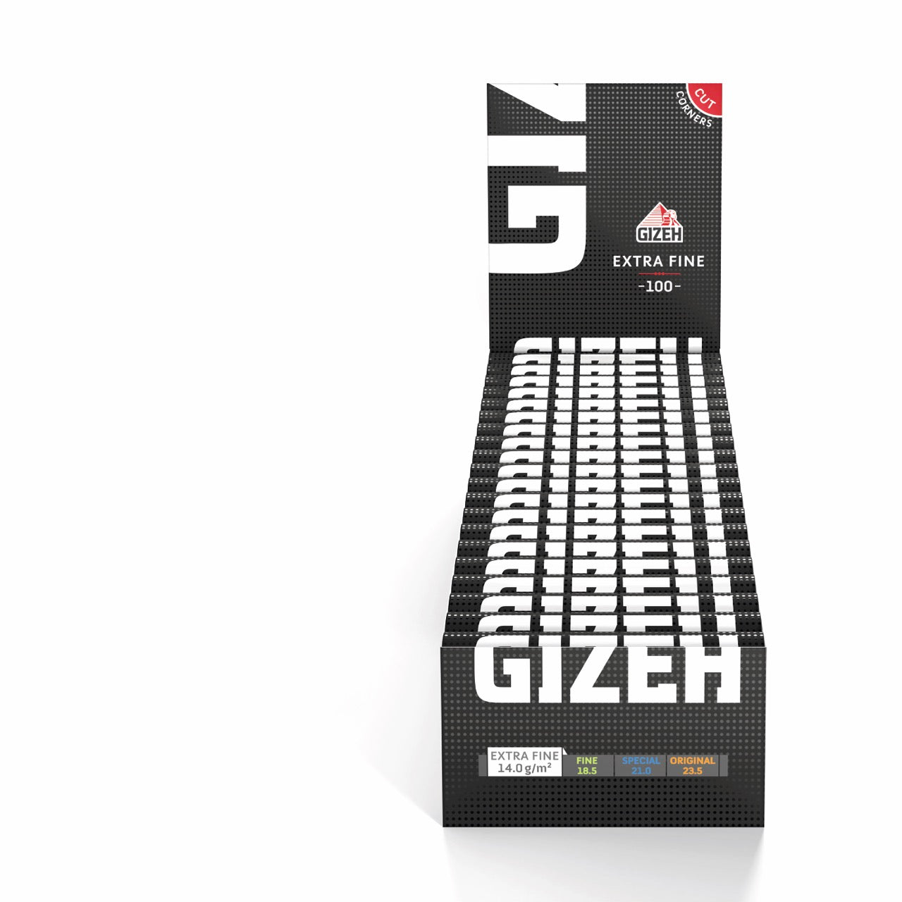 Karton mit 20 x 100er GIZEH Black Extra Fine Original Schwarz Weiß Blättchen Packungen, frontal fotografiert