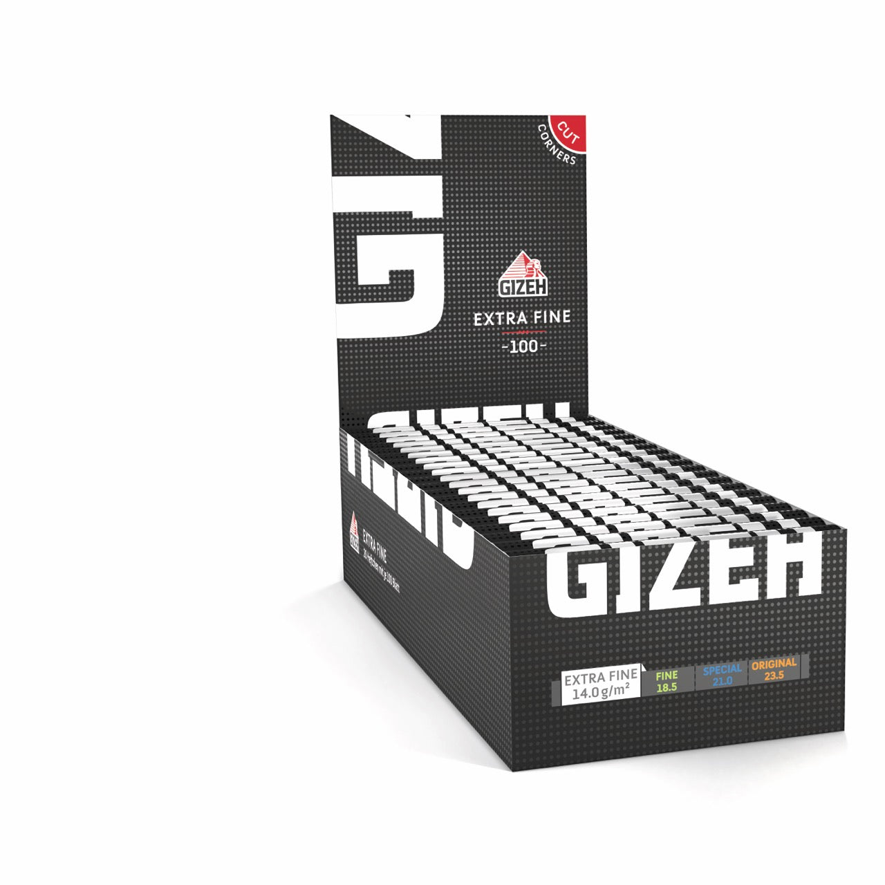 Karton mit 20 x 100er GIZEH Black Extra Fine Original Schwarz Weiß Blättchen Packungen, seitlich fotografiert