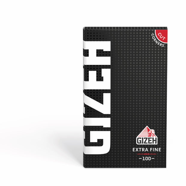 GIZEH Black Extra Fine Original Schwarz Weiß Blättchen 100 Blatt Packung frontal fotografiert