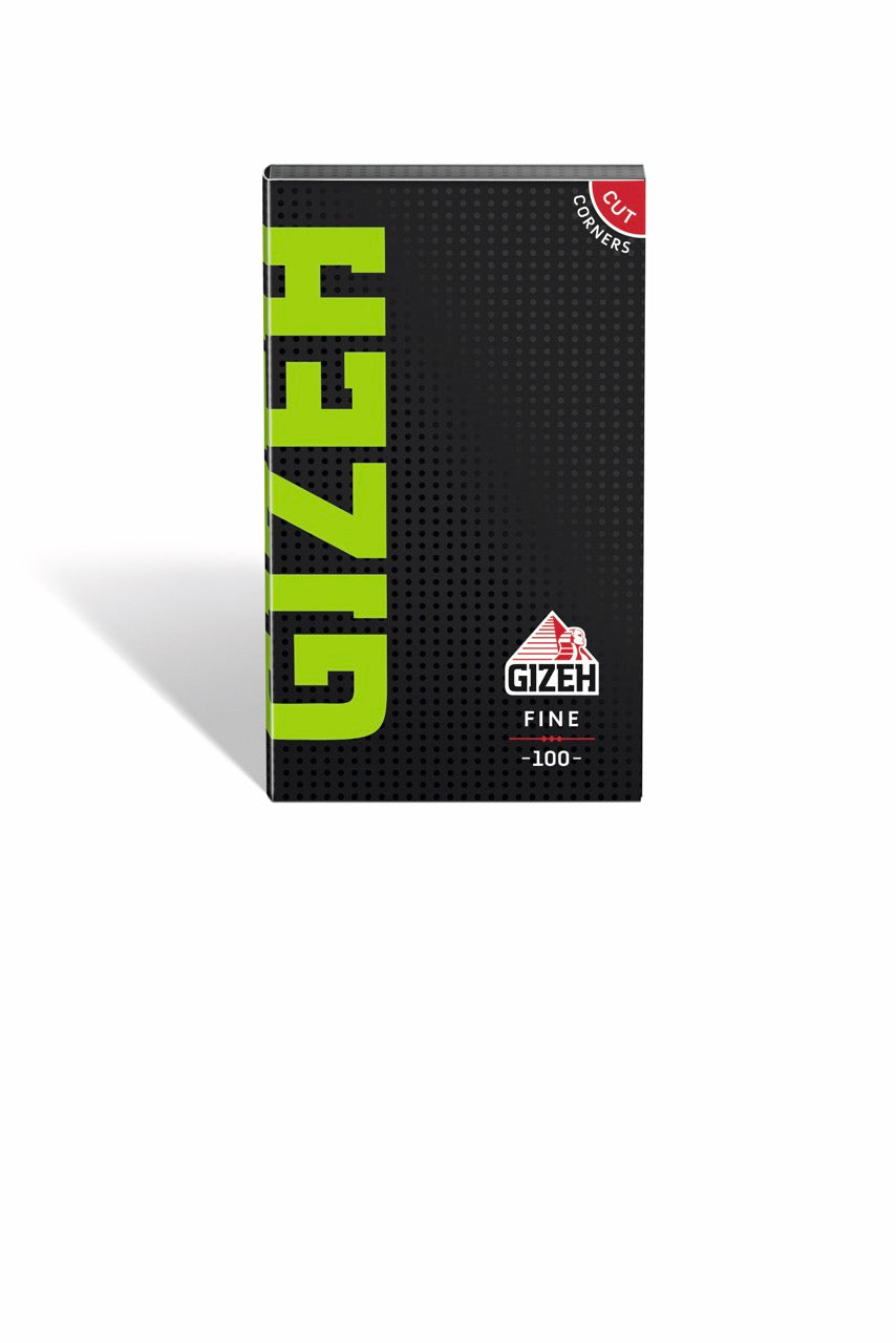 GIZEH Black Fine Original Schwarz Grün Blättchen 100 Blatt Packung seitlich fotografiert