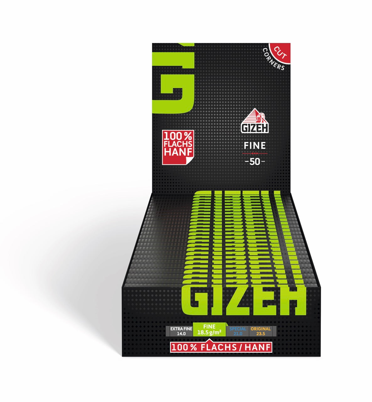 Karton mit 25 Packungen GIZEH Black Fine Original Schwarz Grün Blättchen, Sparpaket, frontal fotografiert