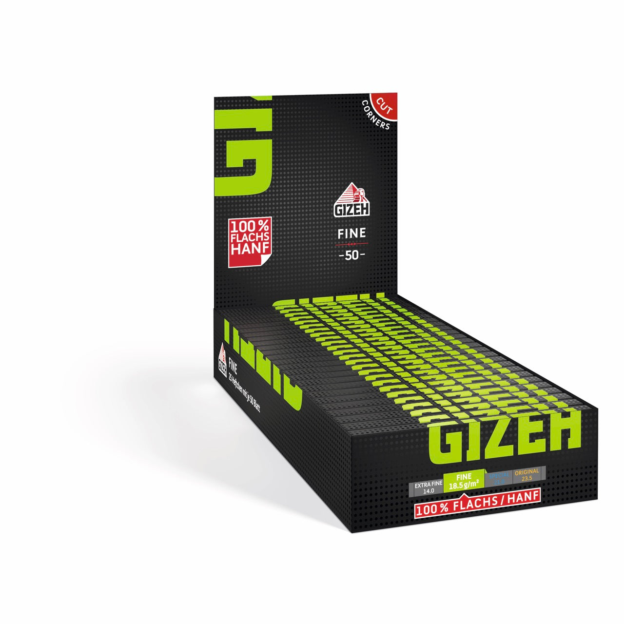 Karton mit 25 Packungen GIZEH Black Fine Original Schwarz Grün Blättchen, Vorrat, seitlich fotografiert