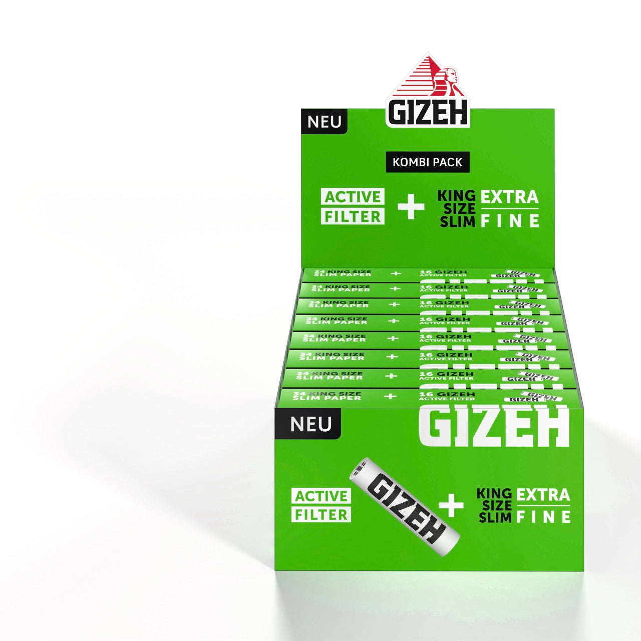 Karton mit 16 GIZEH Black King Size Slim + Active Filter Kombipackungen, Sparpaket, frontal fotografiert
