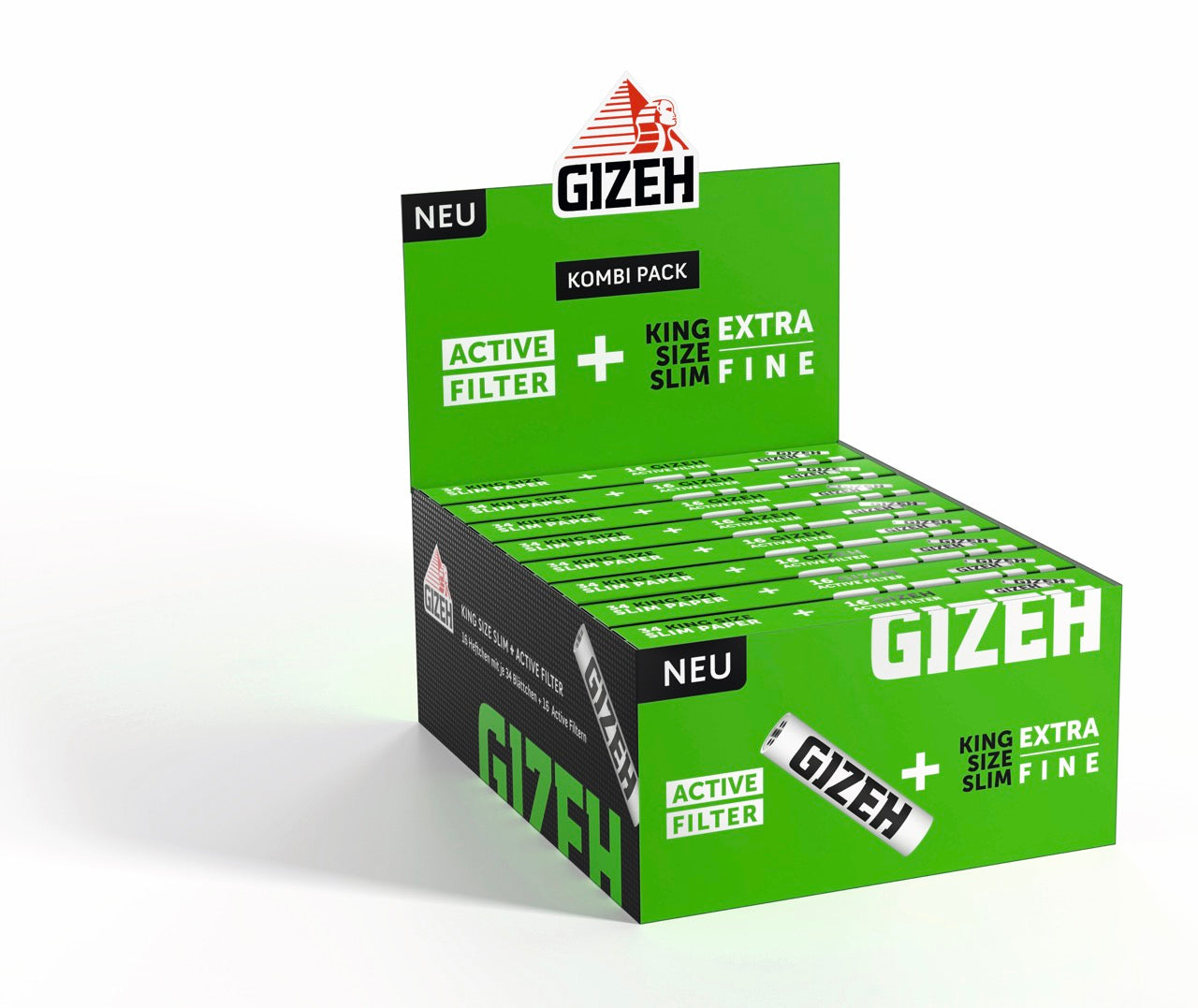 Karton mit 16 GIZEH Black King Size Slim + Active Filter Packungen, Vorrat, seitlich fotografiert