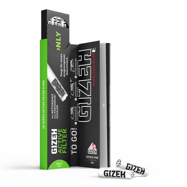 GIZEH Black King Size Slim + Active Filter, 3-in-1 Kombipackung geöffnet, Blättchen und Filter sichtbar