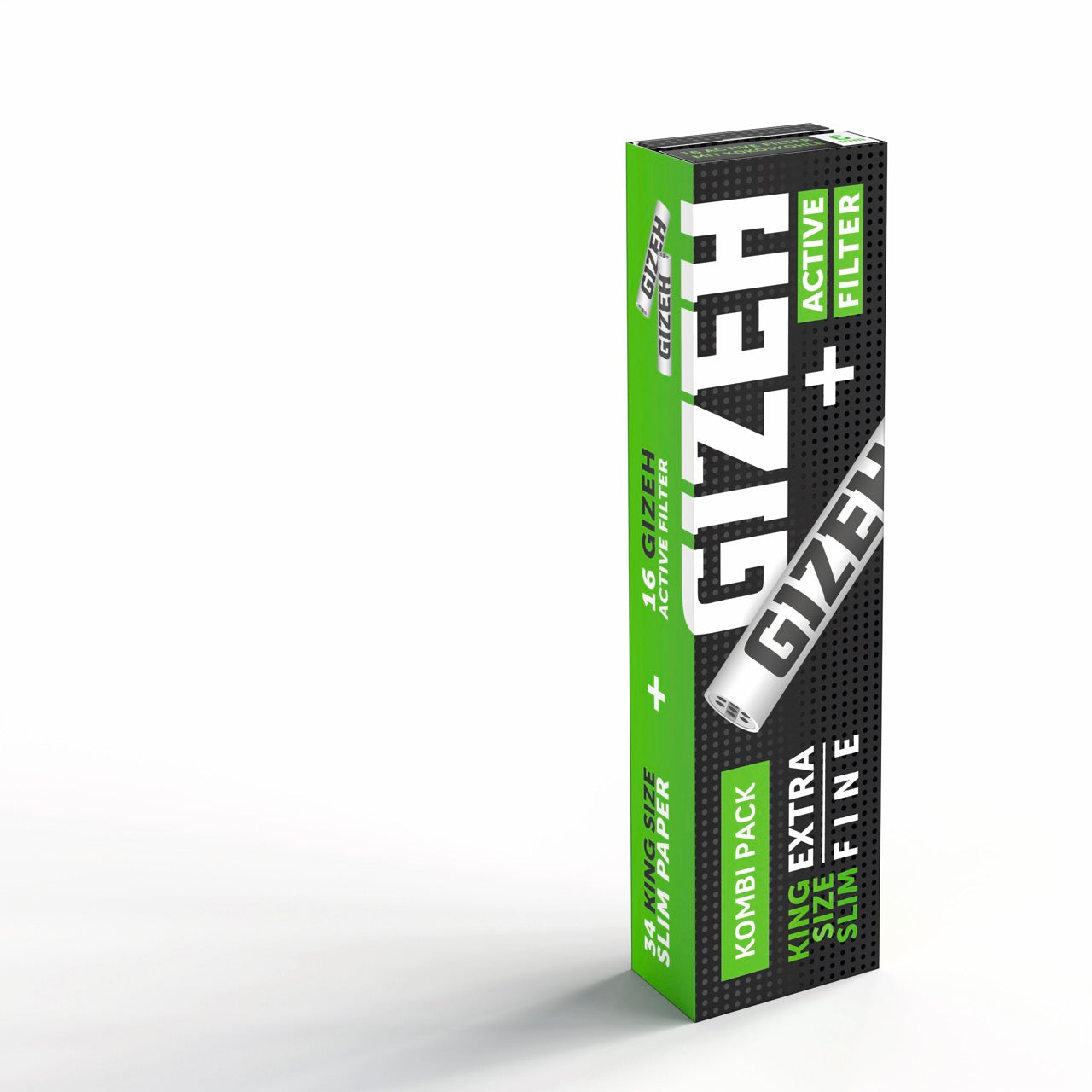 GIZEH Black King Size Slim + Active Filter Packung, geschlossen, seitlich fotografiert