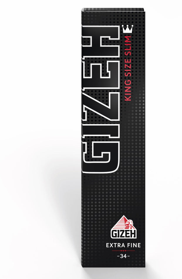 GIZEH Black King Size Slim Blättchen 34 Blatt Packung, extrafeines Zigarettenpapier im King Size Slim Format, Rolling Paper, frontal fotografiert