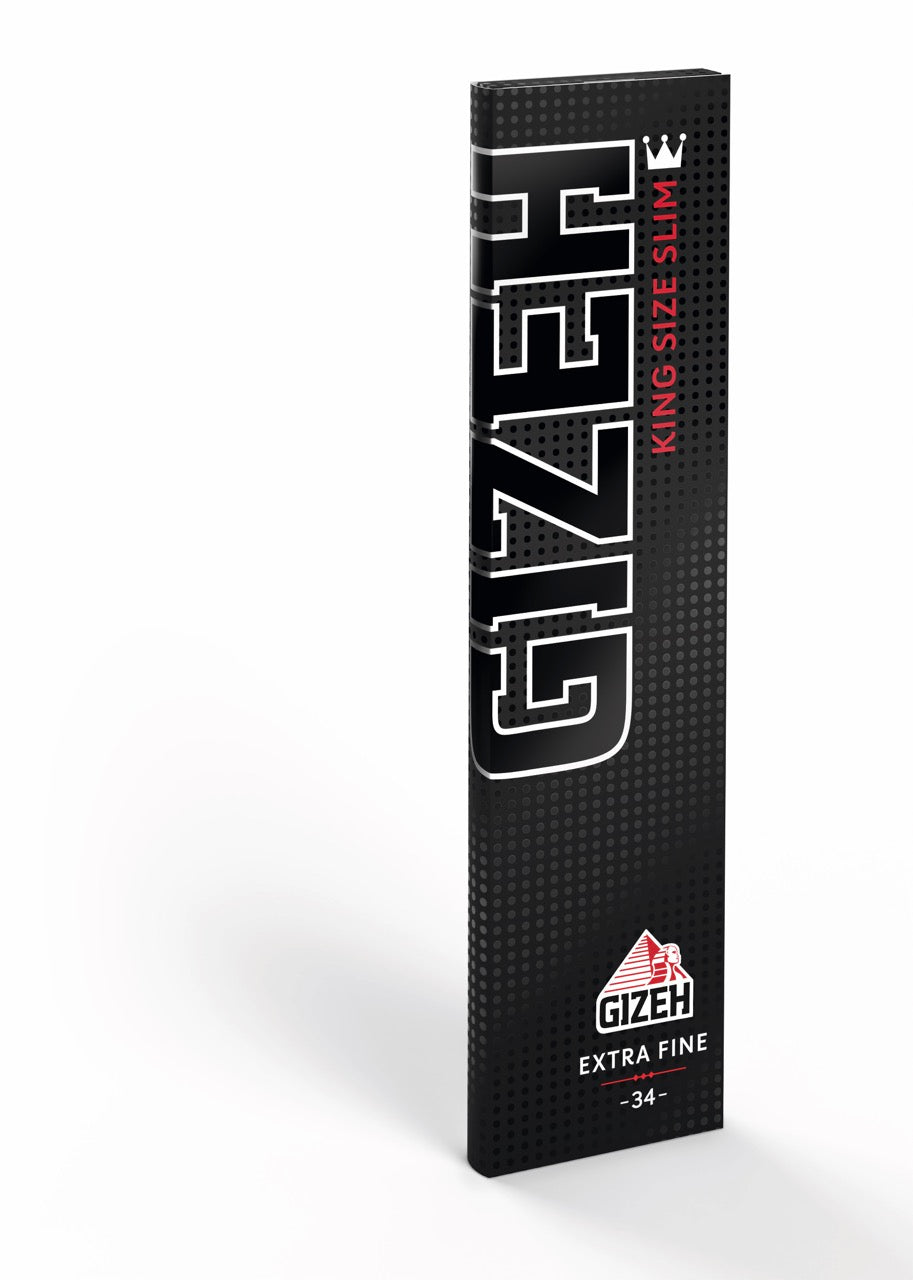 GIZEH Black King Size Slim Blättchen 34 Blatt Packung, Magnetverschluss, Slow Burning, extrafeines Drehpapier für lange Zigaretten, seitlich fotografiert